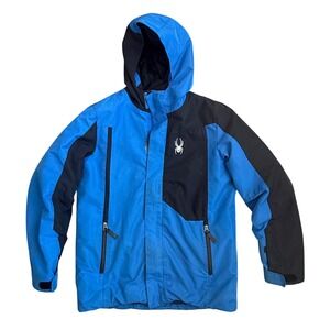 Spyder Boys Blue Black Insulated Ski Jacket Hooded Winter Coat Size L 14-16